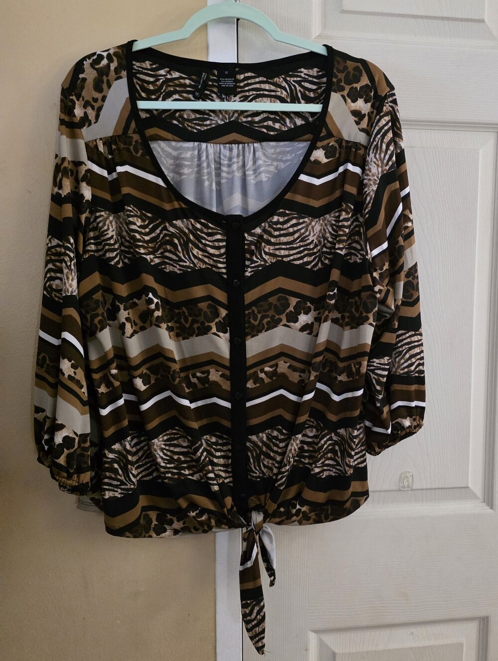 New Directions Brown and Black Striped Animal-Print Button Front Tie-Hem Top